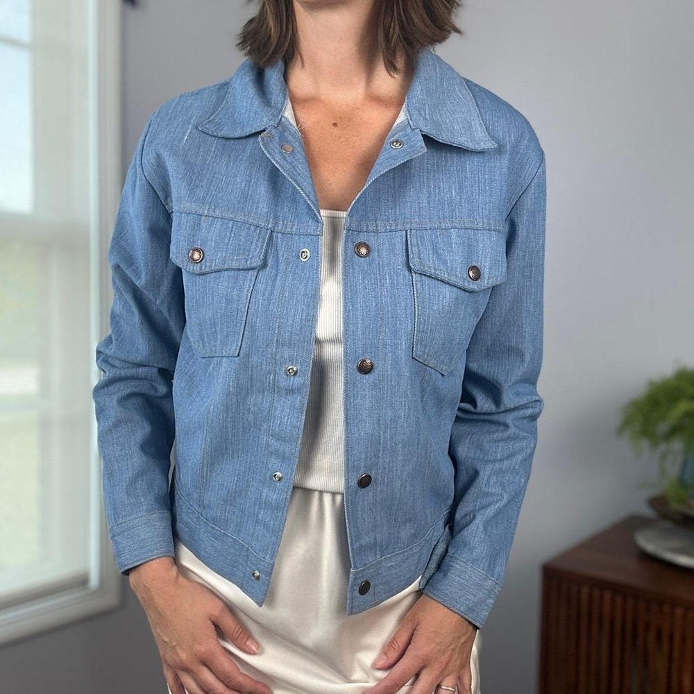 Denim Cropped Jacket Vintage 70s Trucker Style Western Jean Jacket Blue Size M